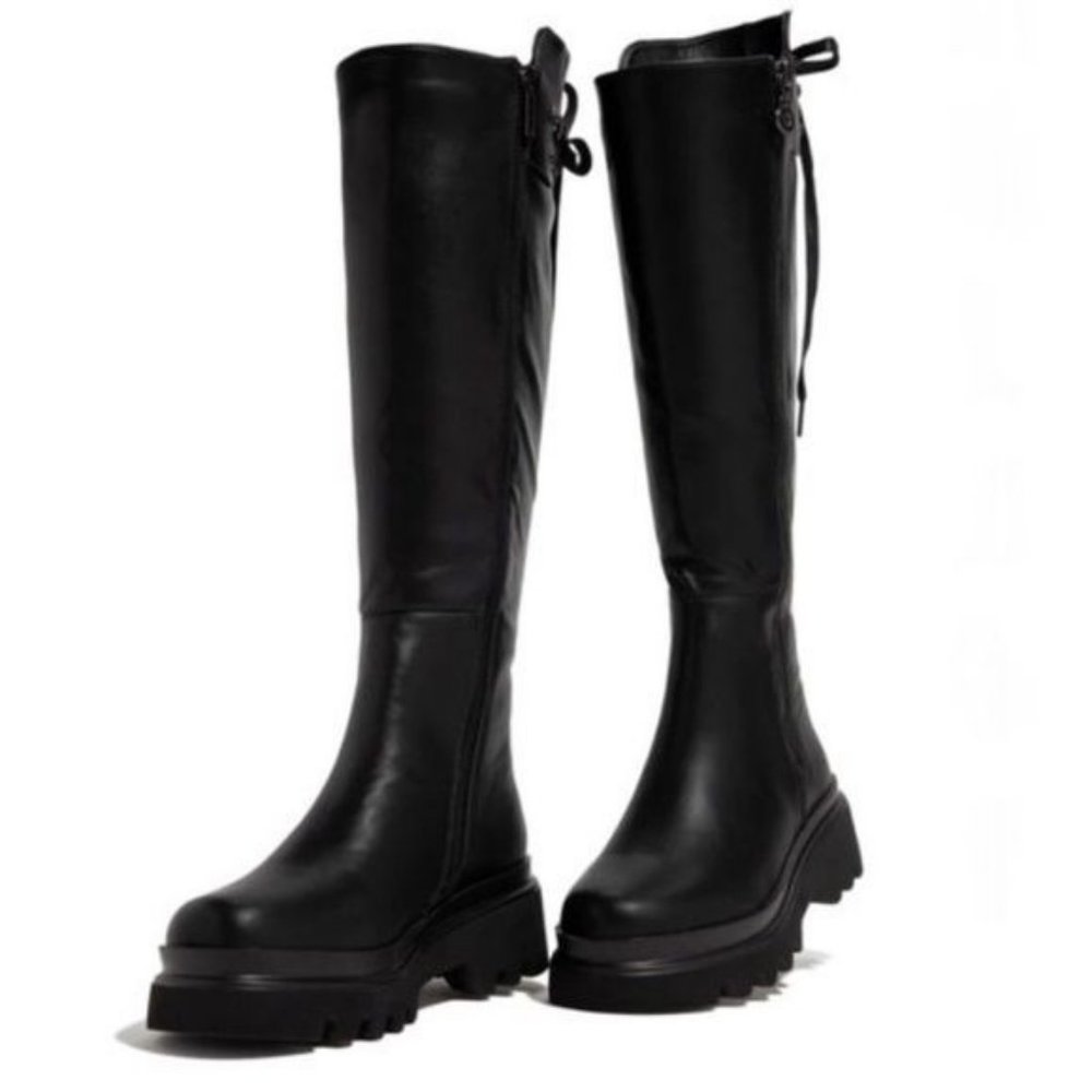 !! NEW !! Black Knee High Side Zip Combat Boots - Picture 4 of 7